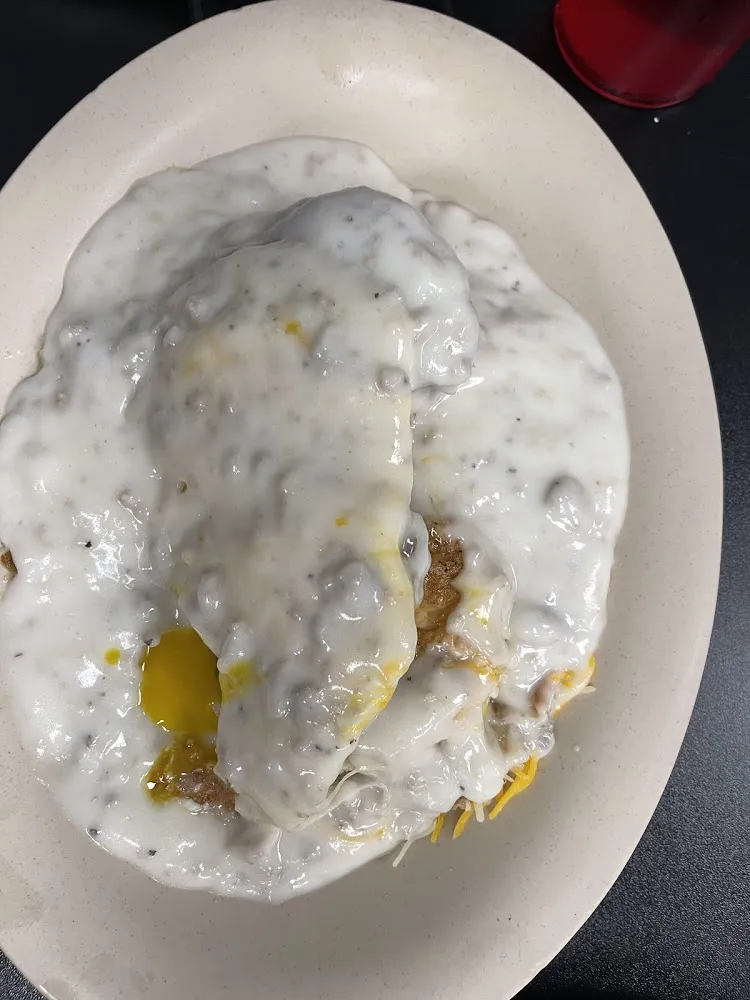 Biscuits and Gravy over Hash Browns